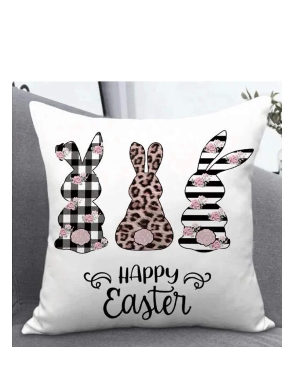 Seasonal Pillow Cover Easter Bunny Rabbit Zip Closure 17.7 In Square Black White